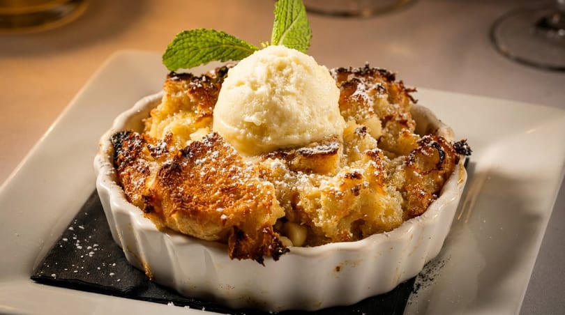Golden baked dessert topped with vanilla ice cream and mint, served in a white ramekin.
