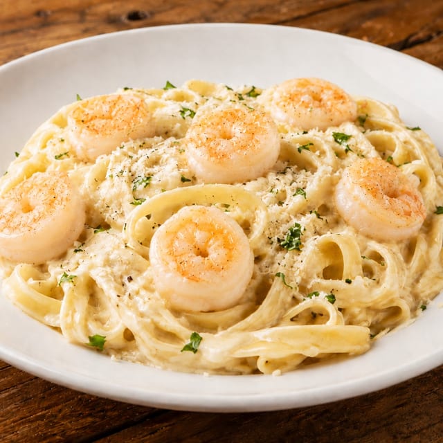Fettuccine Alfredo Pasta with Shrimp.