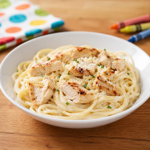 Kid's Pasta Alfredo with Chicken.